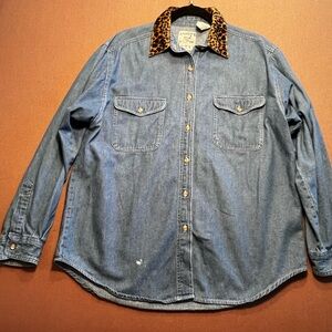 Andrew's Blues Denim Shirt with Leopard Print Collar